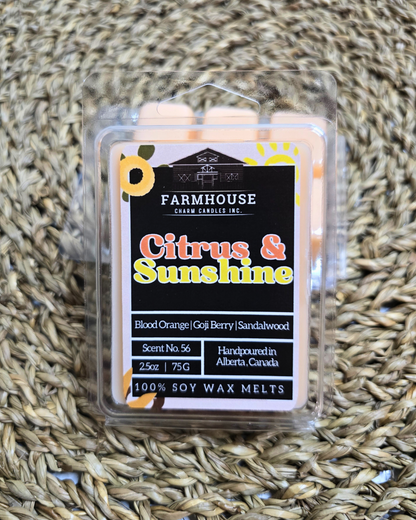 There's something magical about lighting a candle that takes you back to sun-drenched days and warm, nostalgic moments. Our Citrus &amp; Sunshine Soy &nbsp;Wax Melts is crafted to do just that, filling your space with the vibrant and comforting aromas of Blood Orange, Goji Berry, and Sandalwood.&nbsp; 2.5 oz net weight. Citrus &amp; Sunshine Soy Wax Melts is in a 6 cubes recyclable clamshell.