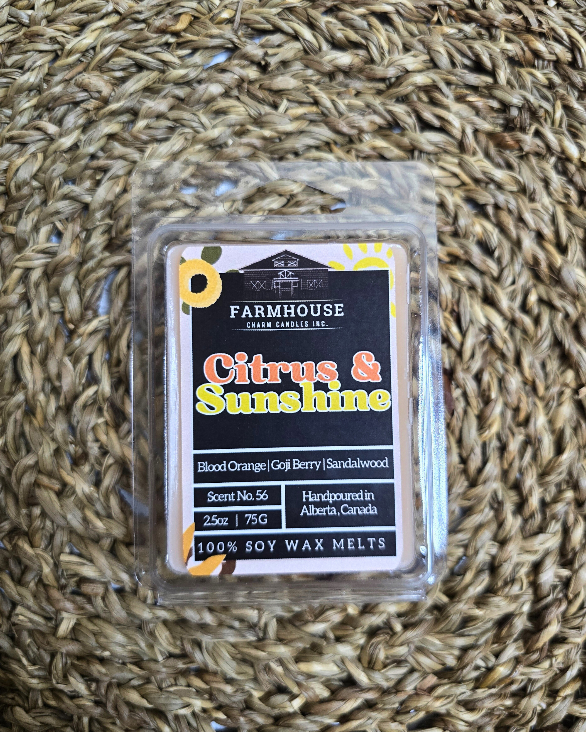 There's something magical about lighting a candle that takes you back to sun-drenched days and warm, nostalgic moments. Our Citrus &amp; Sunshine Soy &nbsp;Wax Melts is crafted to do just that, filling your space with the vibrant and comforting aromas of Blood Orange, Goji Berry, and Sandalwood.&nbsp; 2.5 oz net weight. Citrus &amp; Sunshine Soy Wax Melts is in a 6 cubes recyclable clamshell.