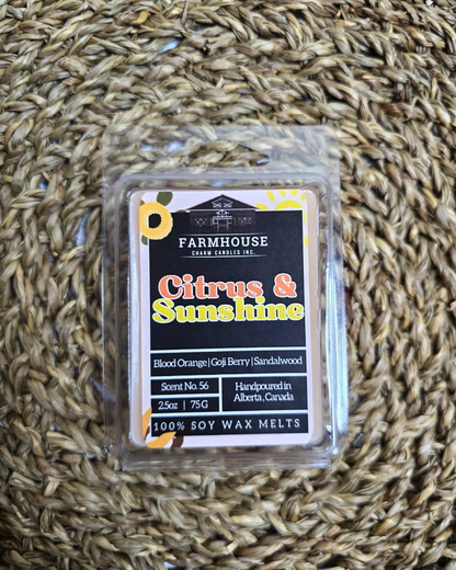 There's something magical about lighting a candle that takes you back to sun-drenched days and warm, nostalgic moments. Our Citrus &amp; Sunshine Soy &nbsp;Wax Melts is crafted to do just that, filling your space with the vibrant and comforting aromas of Blood Orange, Goji Berry, and Sandalwood.&nbsp; 2.5 oz net weight. Citrus &amp; Sunshine Soy Wax Melts is in a 6 cubes recyclable clamshell.