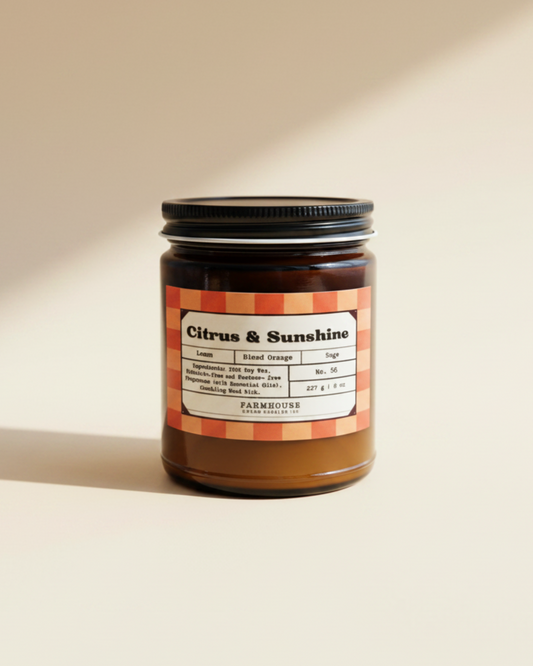 A bright burst of citrus with a soft herbal twist. Fresh lemon and juicy blood orange meet calming sage for a clean, sun-kissed scent that feels like summer at home. Citrus & Sunshine Soy Candle by Farmhouse Charm Candles