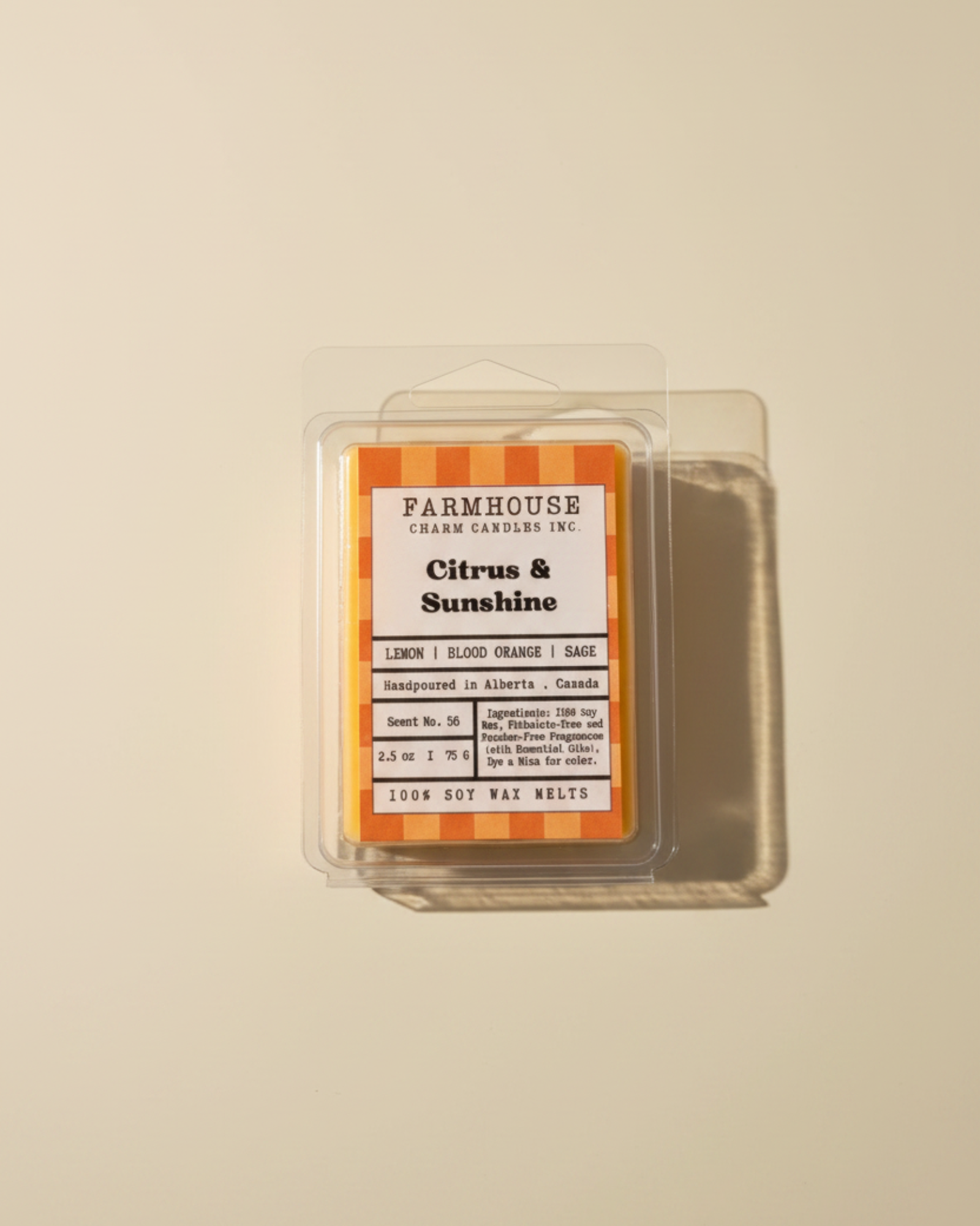 Farmhouse Charm Candles Citrus & Sunshine Wax Melts  blends zesty lemon and juicy blood orange with a soft touch of sage for a fresh, uplifting scent that feels like warm sunshine pouring through your windows. Clean, vibrant, and effortlessly refreshing — like summer at home.