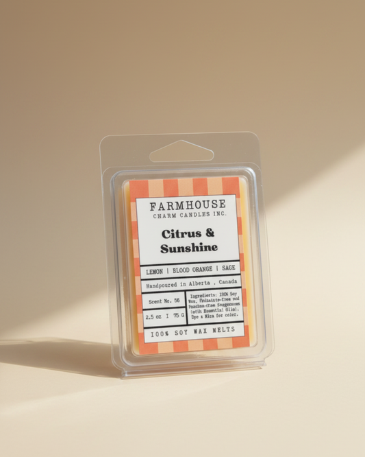Farmhouse Charm Candles Citrus & Sunshine Wax Melts  blends zesty lemon and juicy blood orange with a soft touch of sage for a fresh, uplifting scent that feels like warm sunshine pouring through your windows. Clean, vibrant, and effortlessly refreshing — like summer at home.