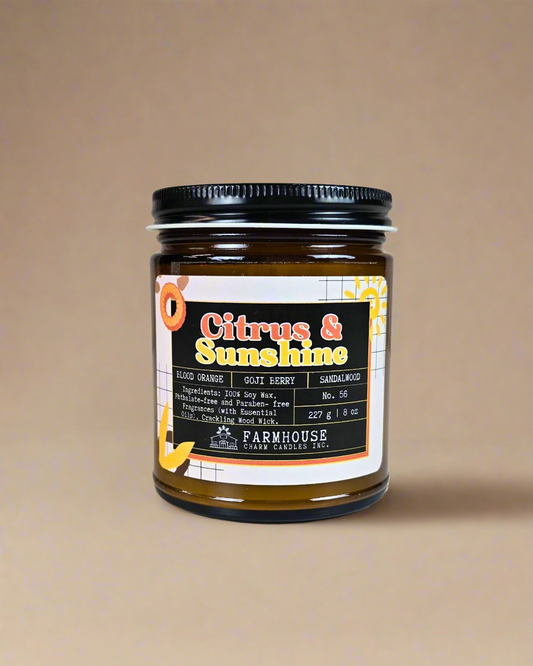 A bright, mood-boosting blend of juicy Blood Orange, tart Goji Berry, and the grounding warmth of Sandalwood. Light it up and let the fresh citrus notes awaken your senses, while the soft woodsy base wraps you in comfort — like stepping into a memory of long summer afternoons and carefree joy. Bring the sunshine indoors! Farmhouse Charm Candles