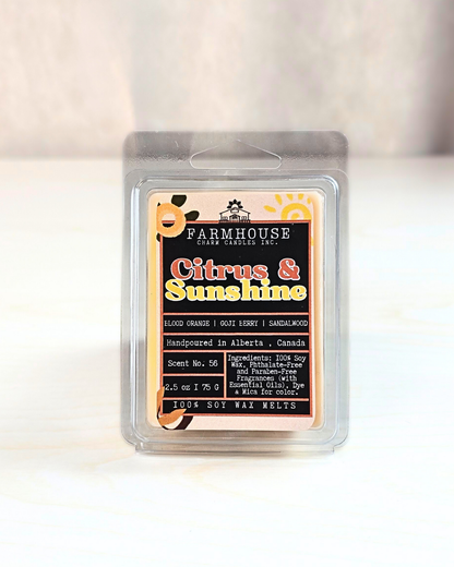 A bright, mood-boosting blend of juicy Blood Orange, tart Goji Berry, and the grounding warmth of Sandalwood. Melt it and let the fresh citrus notes awaken your senses, while the soft woodsy base wraps you in comfort — like stepping into a memory of long summer afternoons and carefree joy. Bring the sunshine indoors! Farmhouse Charm Candles