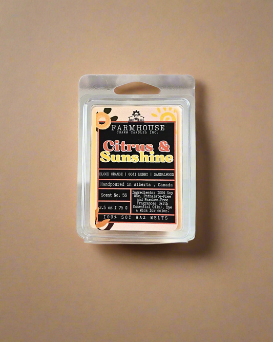 A bright, mood-boosting blend of juicy Blood Orange, tart Goji Berry, and the grounding warmth of Sandalwood. Melt it and let the fresh citrus notes awaken your senses, while the soft woodsy base wraps you in comfort — like stepping into a memory of long summer afternoons and carefree joy. Bring the sunshine indoors! Farmhouse Charm Candles