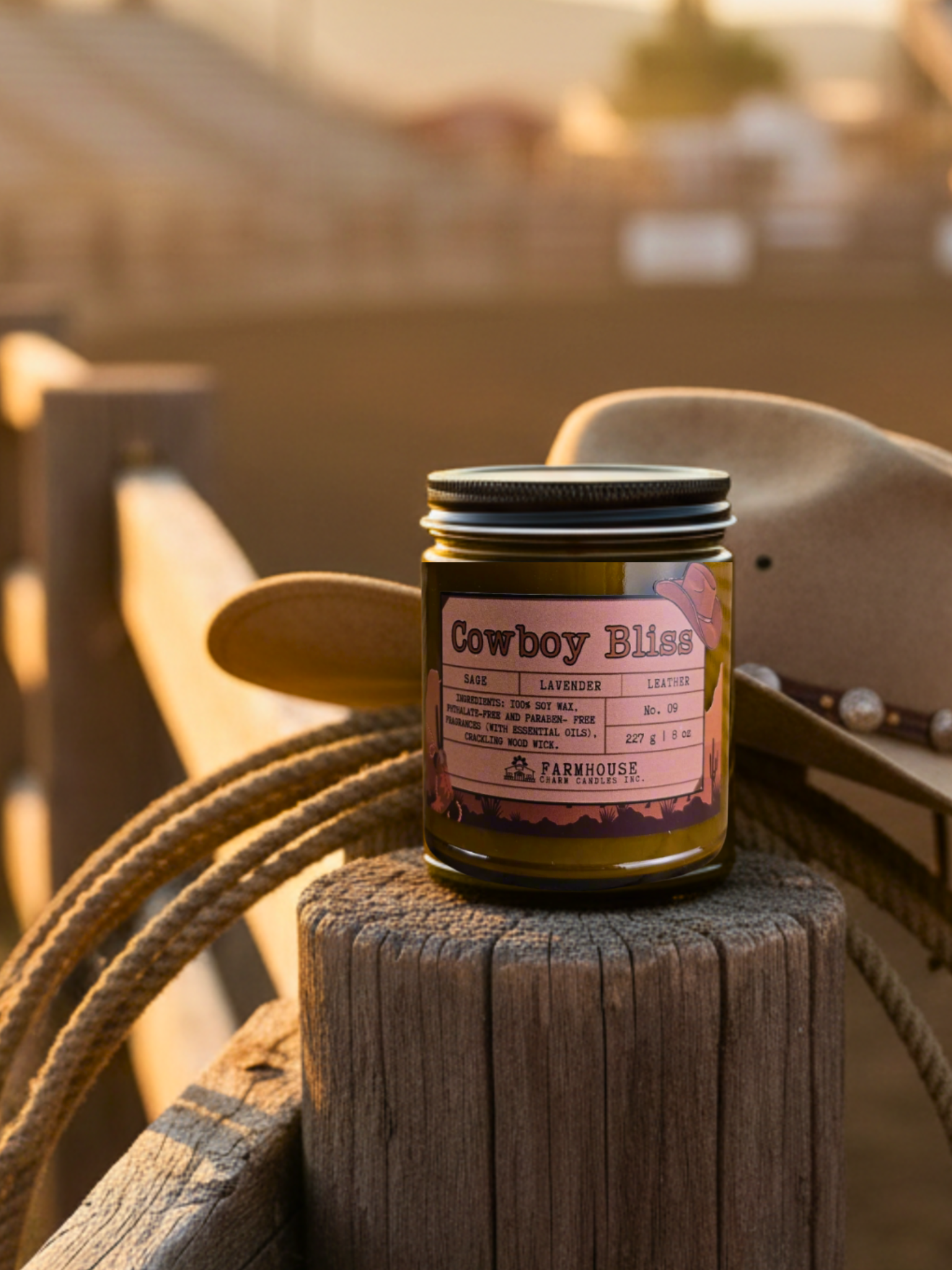 Candle labeled 'Cowboy Bliss' by Farmhouse Charm Candles on a wooden post with a rustic background