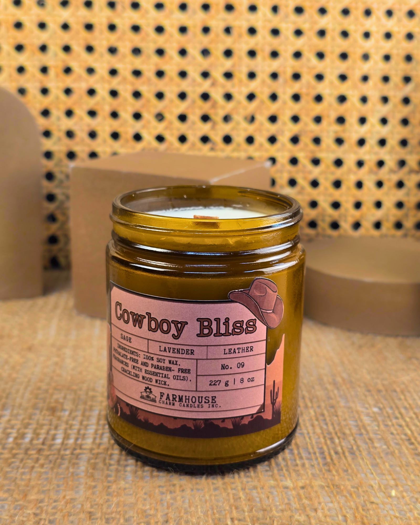 A bold blend of rugged leather, woodsy sage, and calming lavender. This masculine-meets-floral scent brings cozy vibes and western charm. Perfect for any cowboy or cowgirl lookin’ to unwind. www.farmhousecharmcandles.com