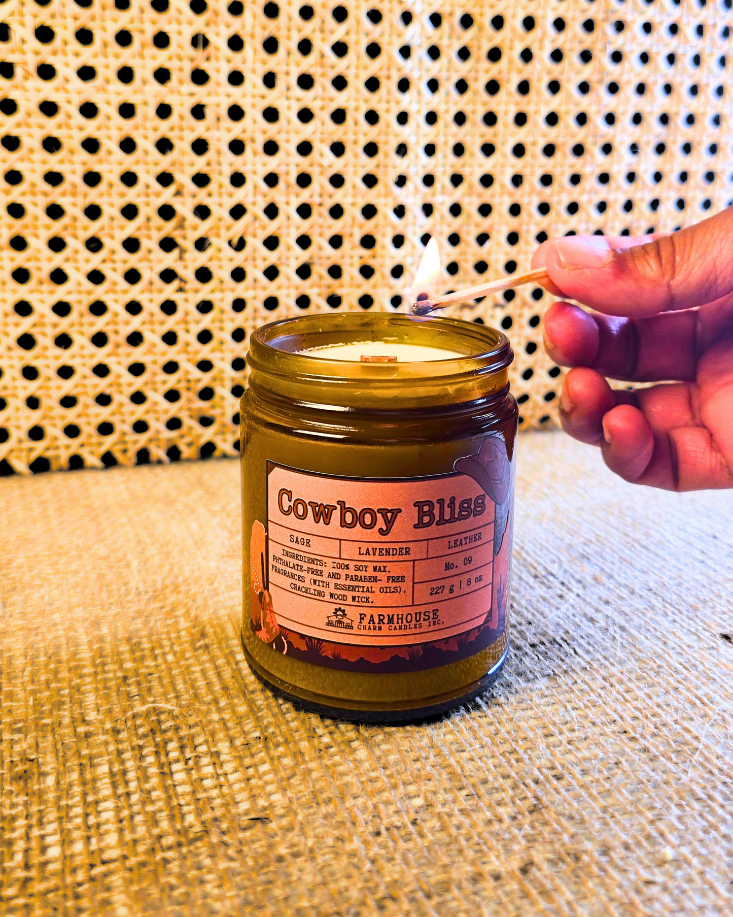 A bold blend of rugged leather, woodsy sage, and calming lavender. This masculine-meets-floral scent brings cozy vibes and western charm. Perfect for any cowboy or cowgirl lookin’ to unwind. www.farmhousecharmcandles.com