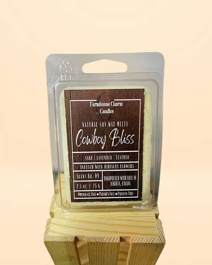 Yeehaw! Get ready to saddle up and experience the new Cowboy Bliss Soy Wax Melts. The blend of woodsy sage, calming lavender, and rugged leather creates an aroma you can't forget. This scent packs a punch with its floral and masculine undertones, making it perfect for any cowboy or cowgirl. You'll be transported to a cozy cabin in the woods, kicking back and enjoying a relaxing evening. Giddy up and try it out! www.farmhousecharmcandles.com