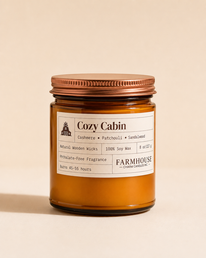 A candle in an amber glass jar with a copper-toned metal lid and a cream-colored label. The label reads 'Cozy Cabin by Farmhouse Charm Candles,  set against a solid beige background.