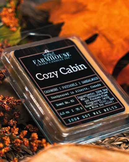 Farmhouse Charcoal Candles Cozy Cabin soy wax melt packaging with decorative elements.