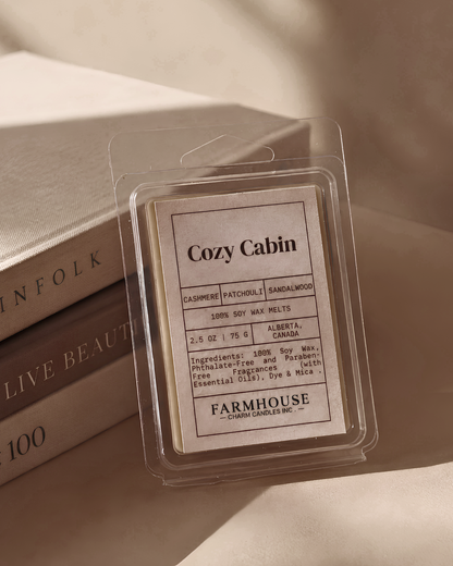 A clear plastic clamshell package containing a Cozy Cabin fragrance wax melt by Farmhouse Charm Candles, styled on top of stacked books with warm, soft lighting.