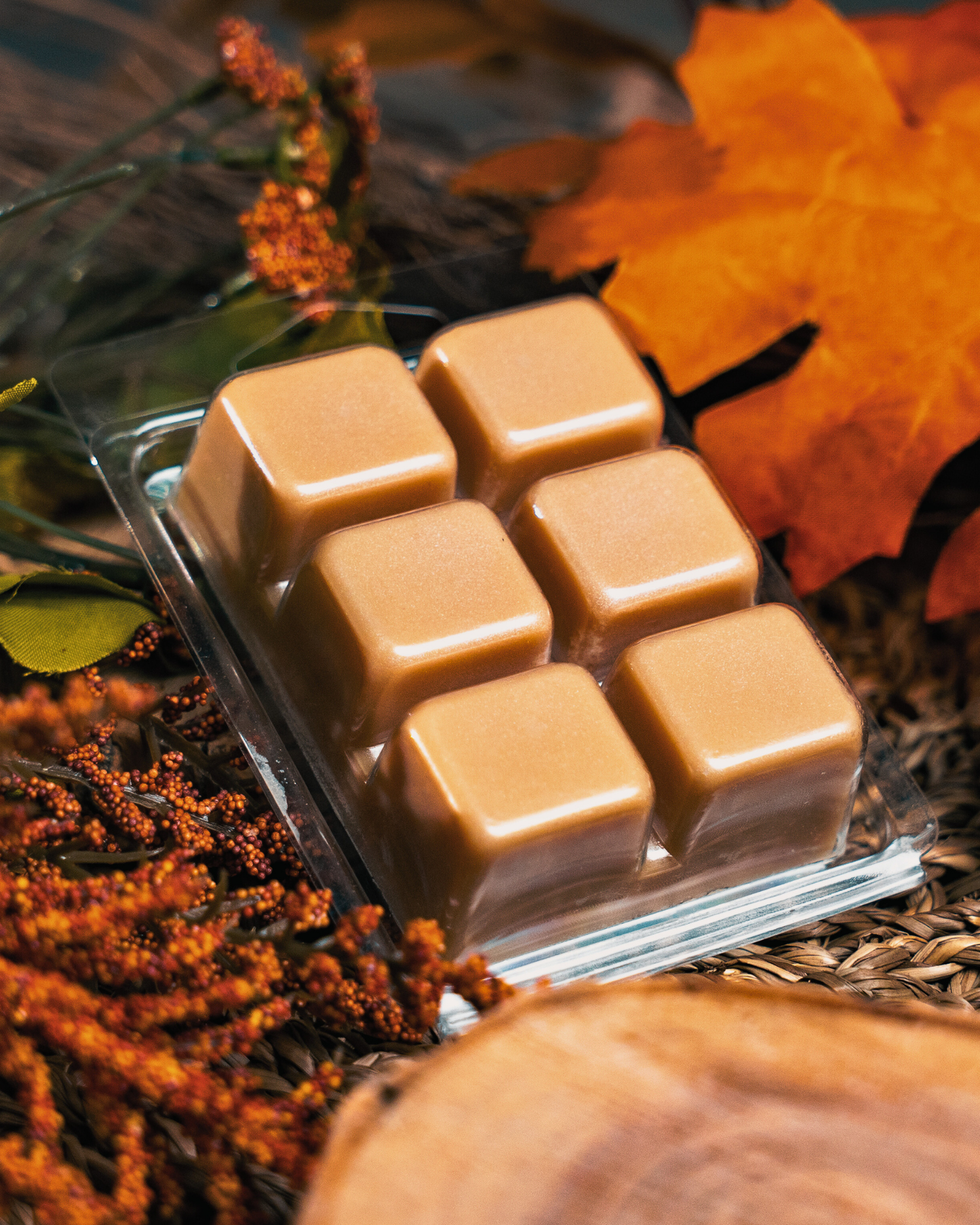 Square brown wax melts in a clear  container with autumn background. Cozy Cabin Soy Wax Melts by Farmhouse Charm Candles
