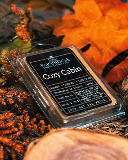 Farmhouse Cakes Candles Cozy Cabin soy wax melt packaging with autumn decorations.
