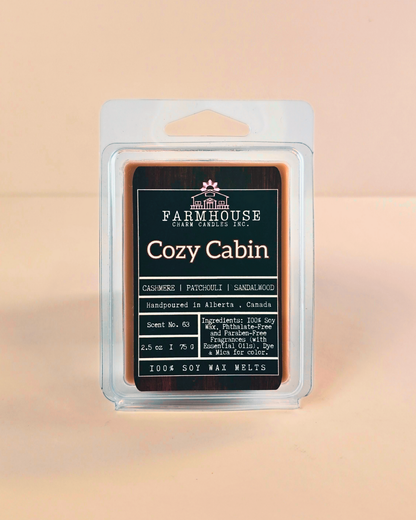 Farmhouse Charm CandlesCozy Cabin soy wax melt packaging on a beige background
