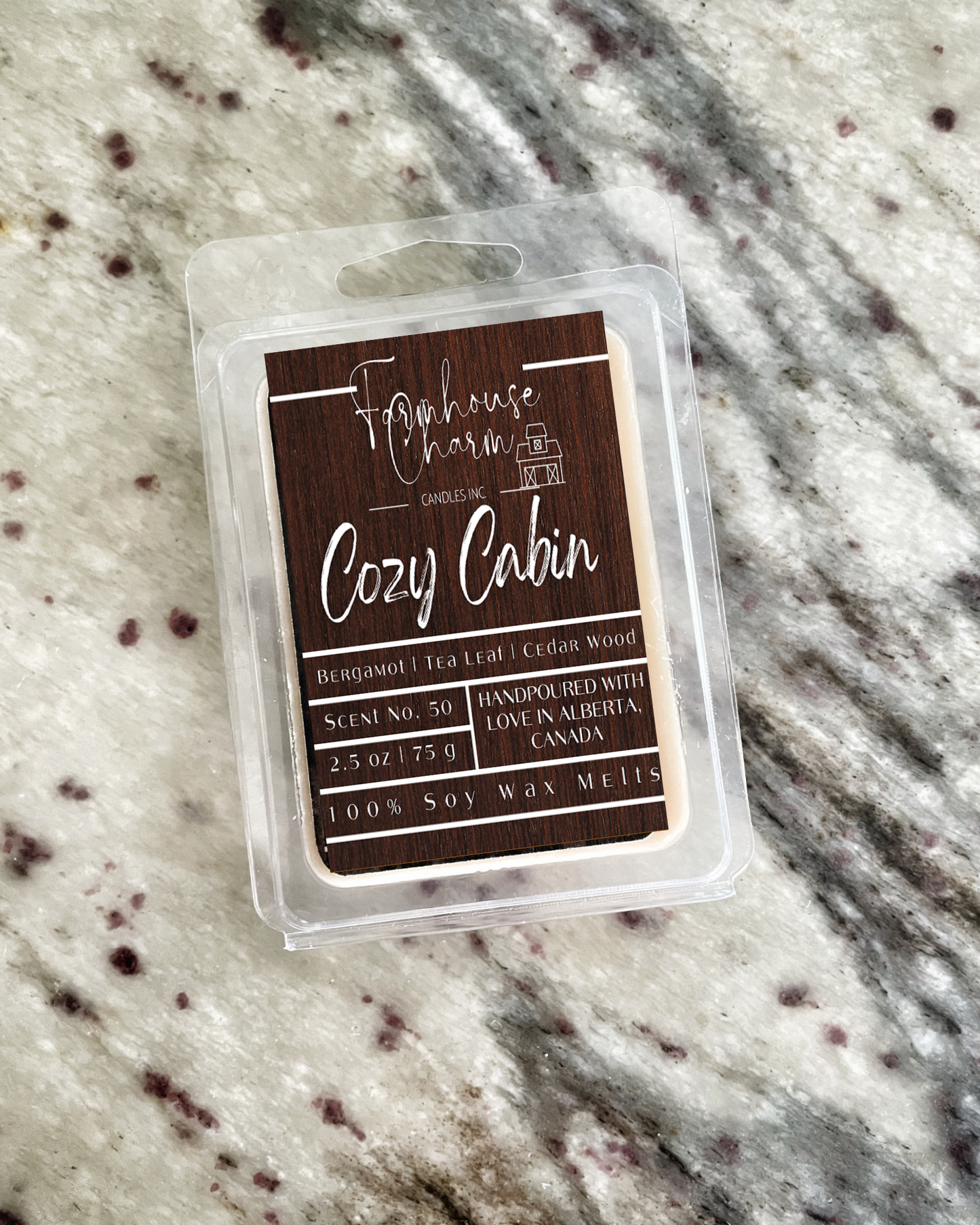 Cozy Cabin Soy Wax Melts is more than just a aroma, it's an experience that will take you on a journey to a place of comfort and relaxation. The blend of bergamot, tea leaf, and cedarwood creates a unique fragrance that is perfect for fall and adds a touch of farmhouse charm to any living space.  size: 2.5 oz. (75 g)