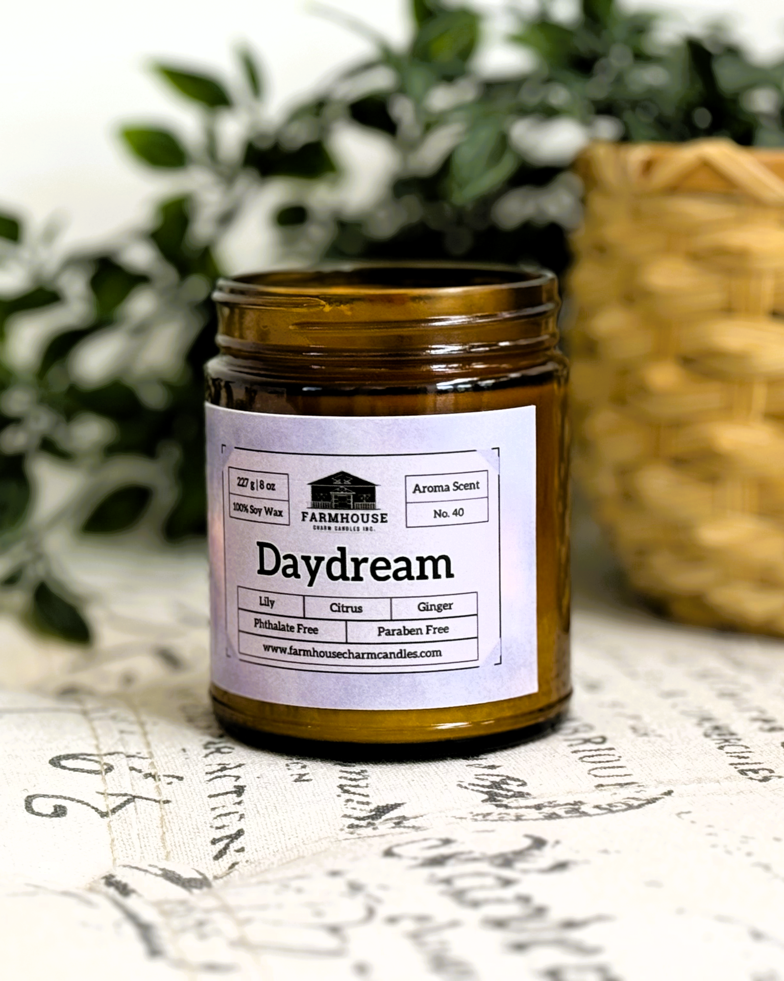 Let your mind wander with the dreamy blend of fresh lilies, zesty citrus, and a hint of spicy ginger. This scent is like a sunlit escape—floral, bright, and just a little bit playful. Light it up, close your eyes, and let the daydreams begin!

⭐ Unique Top Decor: This candle showcases charming purple star soy wax embeds. Each piece is handmade with love, making every candle unique!
www.farmhousecharmcandles.com