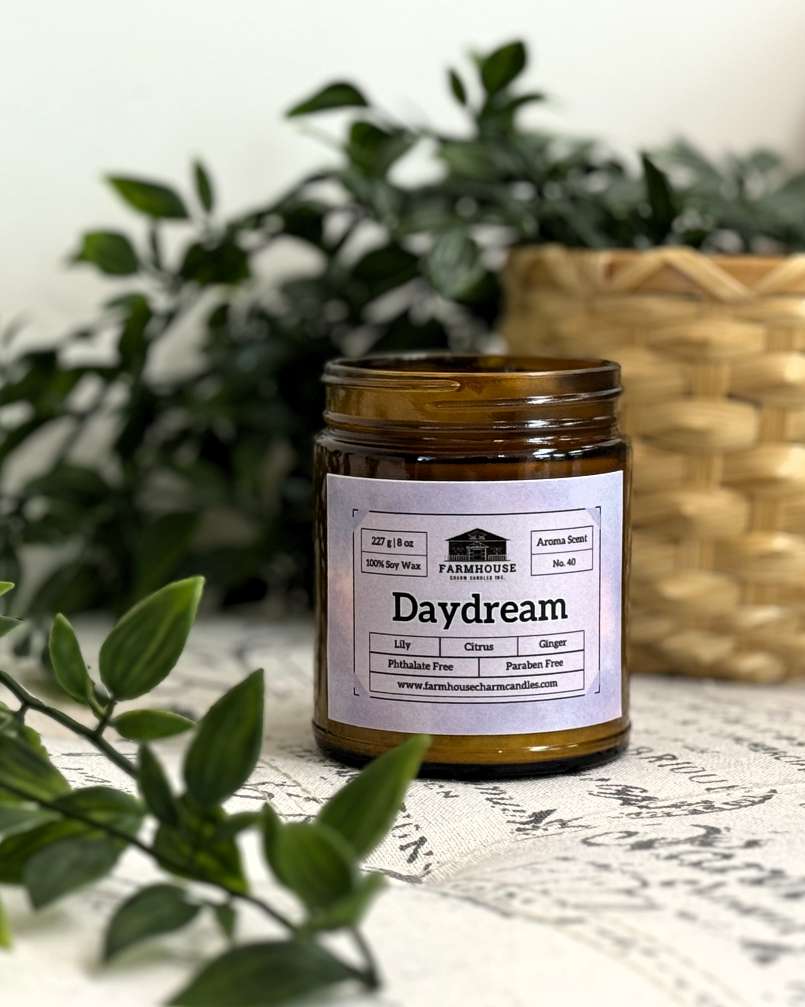 Let your mind wander with the dreamy blend of fresh lilies, zesty citrus, and a hint of spicy ginger. This scent is like a sunlit escape—floral, bright, and just a little bit playful. Light it up, close your eyes, and let the daydreams begin!

⭐ Unique Top Decor: This candle showcases charming purple star soy wax embeds. Each piece is handmade with love, making every candle unique!
www.farmhousecharmcandles.com