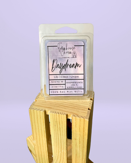 Daydream Soy Wax Melts- Farmhouse Charm has a unique blend of scents that are sure to inspire and bring your dreams to life. It has a note a of citrusy, floral, and spicy scents. The lily gives off a fresh, floral aroma that is complemented by a hint of ginger and underlying citrus notes. These subtle yet powerful scents will transport you to a place of positivity, peace, and creativity, allowing you to live your daydreams.  www.farmhousecharmcandles.com
