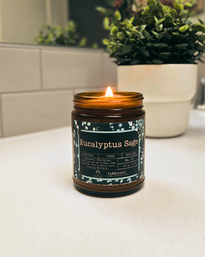 Eucalyptus Sage Soy Candle-Farmhouse Charm Candles. A blend of cool eucalyptus, zesty lemon, and earthy sage. Fresh, uplifting, and totally relaxing.
