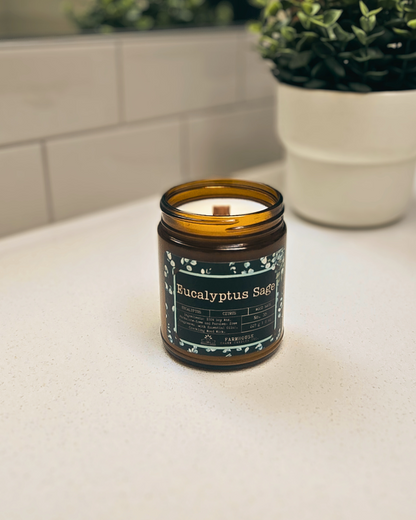 Eucalyptus Sage Soy Candle-Farmhouse Charm Candles. A blend of cool eucalyptus, zesty lemon, and earthy sage. Fresh, uplifting, and totally relaxing.