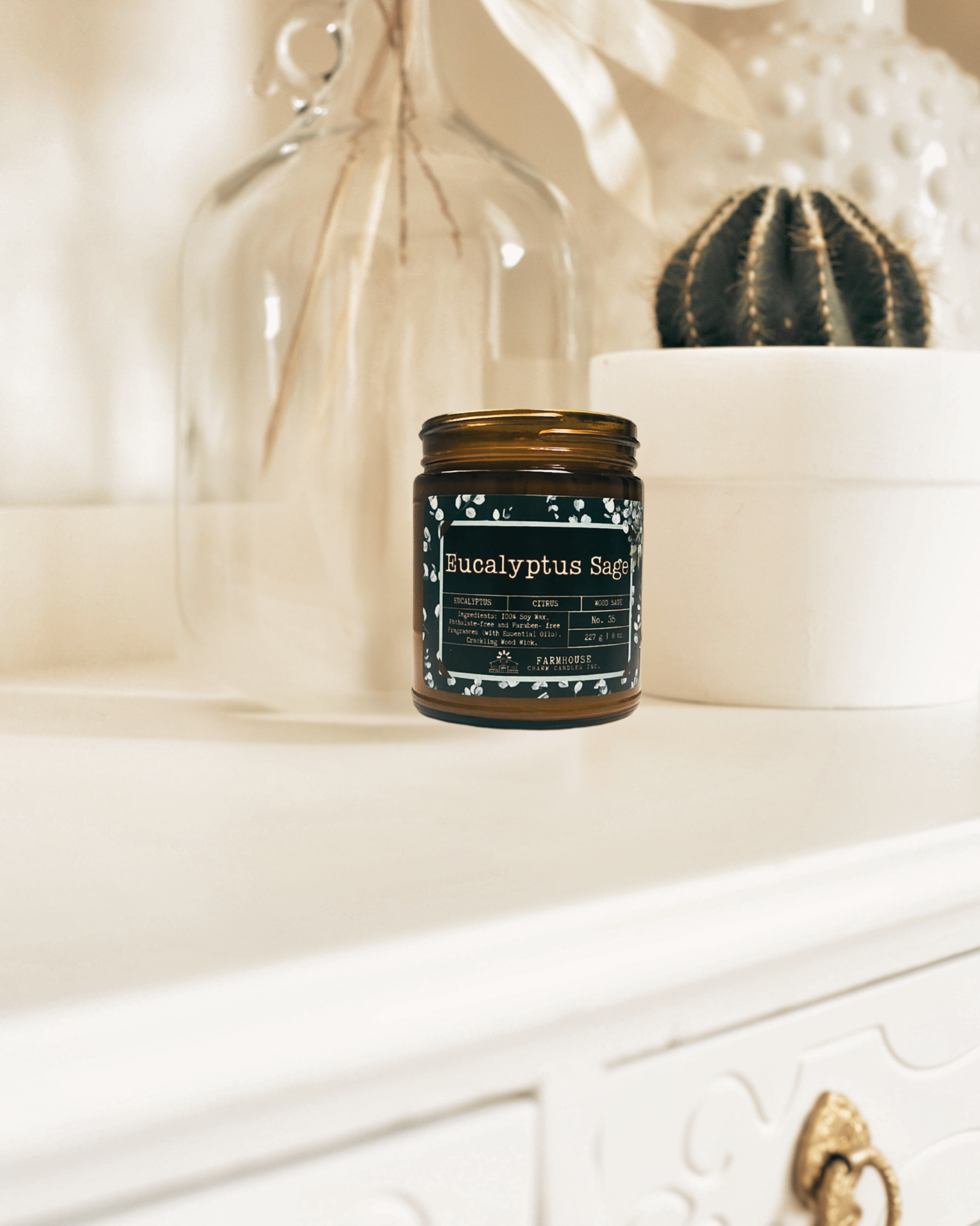 Eucalyptus Sage Soy Candle-Farmhouse Charm Candles. A blend of cool eucalyptus, zesty lemon, and earthy sage. Fresh, uplifting, and totally relaxing.