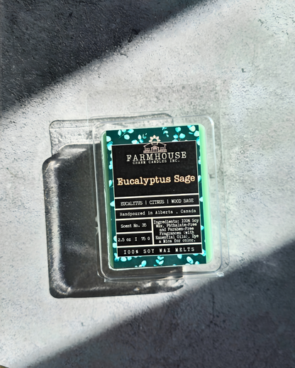 Farmhouse Charm Candles Soy Wax Melts packaging with label "Eucalyptus Sage' on a concrete surface