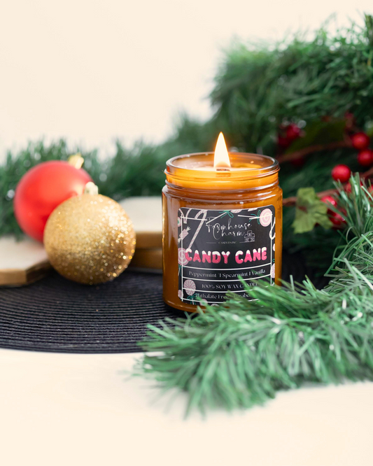 Candy Cane Soy Candle is the perfect blend of nostalgic and refreshing scents. The cool peppermint and spearmint notes provide a crisp and invigorating aroma, while the sweetness of vanilla adds a touch of warmth and comfort.  Whether you're looking to create a festive atmosphere during the holiday season or simply want to enjoy a refreshing scent year-round, the Candy Cane Soy Candle is an excellent choice. www.farmhousecharmcandles.com