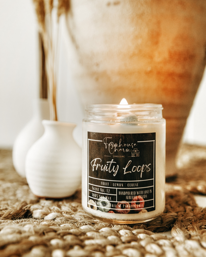 Indulge in the unique and nostalgic scent of Fruity Loops Soy Candle. This candle is bursting with a blend of sweet and tangy fruit, a hint of lemon, and the warm toasty aroma of cereal. Get ready to relive some of your fondest childhood memories! Please note that decors on top may vary slightly from the photo due to the handmade nature of the candle. www.farmhousecharmcandles.com