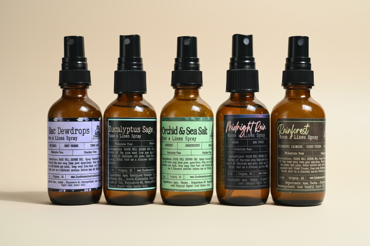 Five bottles of different scented sprays on a beige surface. Farmhouse Charm Candles Room & Linen Spray- Spring collection Bundle