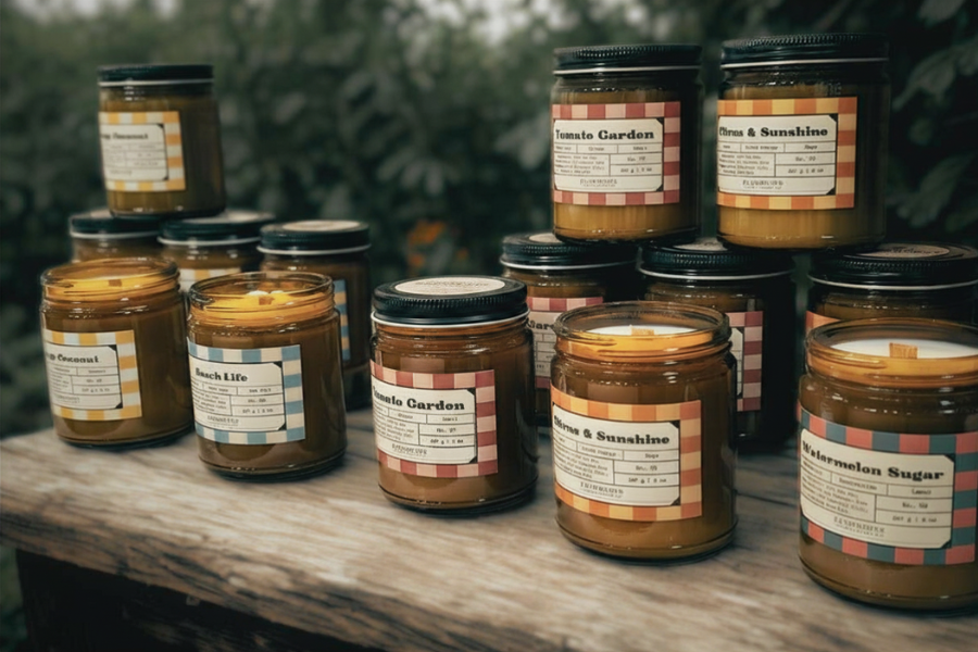 Jars of candles with labels on a wooden surface by Farmhouse Charm Candles- Nostalgic Summer Collection