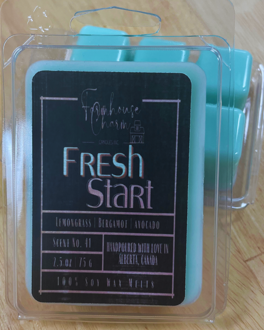 Experience the uplifting aroma of Fresh Start Soy Wax Melts. Crafted with a harmonious blend of lemongrass, bergamot, and a touch of avocado, this candle evokes memories of new beginnings and fond memories. Fresh Start Soy Wax Melts is hand poured with love in Alberta, Canada. Crafted using 100% natural soy wax and enriched with premium fragrances, our melts are both paraben-free and phthalate-free, ensuring a delightful and safe aroma experience. www.farmhousecharmcandles.com