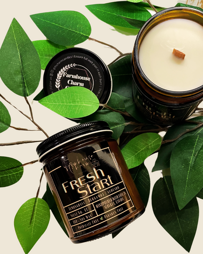 Aroma Scent No. 41 Fresh Start SoyCandle. Crafted with a harmonious blend of lemongrass, bergamot, and a touch of avocado, this candle evokes memories of new beginnings and fond memories.Crafted from 100% natural soy wax, this candle is additive-free, biodegradable, and sustainably sourced, offering an eco-conscious option for your home. Infused with phthalate-free and paraben-free fragrances. www.farmhousecharmcandles.com