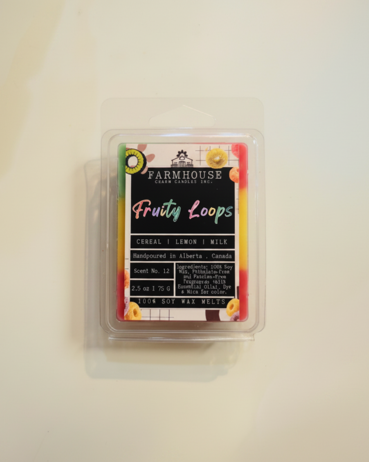 Fruit Loops Soy Wax Melts by Farmhouse Charm Candles on a beige background