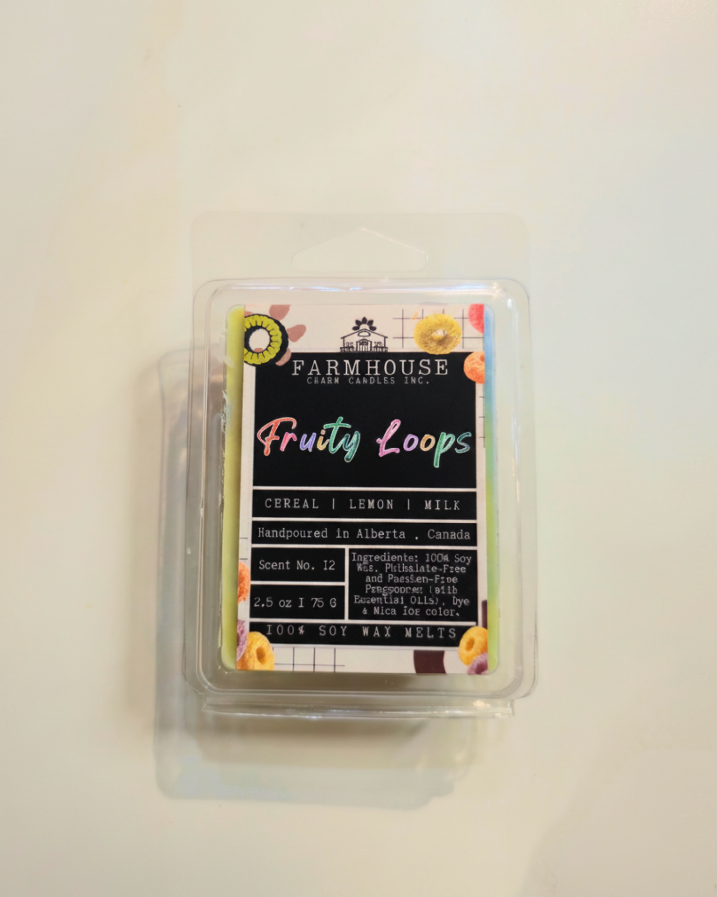Fruit Loops Soy Wax Melts by Farmhouse Charm Candles on a beige background
