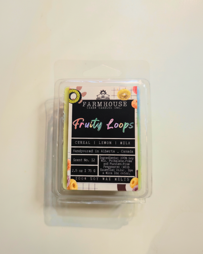 Fruit Loops Soy Wax Melts by Farmhouse Charm Candles on a beige background