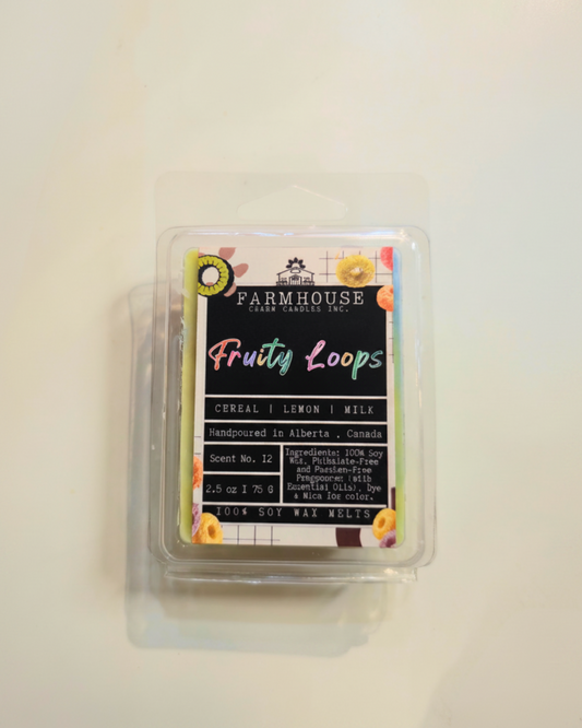 Fruit Loops Soy Wax Melts by Farmhouse Charm Candles on a beige background