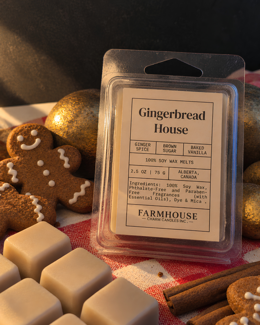 A package of Farmhouse Charm Candles Gingerbread House soy wax melts in a clear plastic clamshell pack, surrounded by gingerbread cookies, cinnamon sticks, and cream-colored wax cubes on a red-and-white checkered cloth.