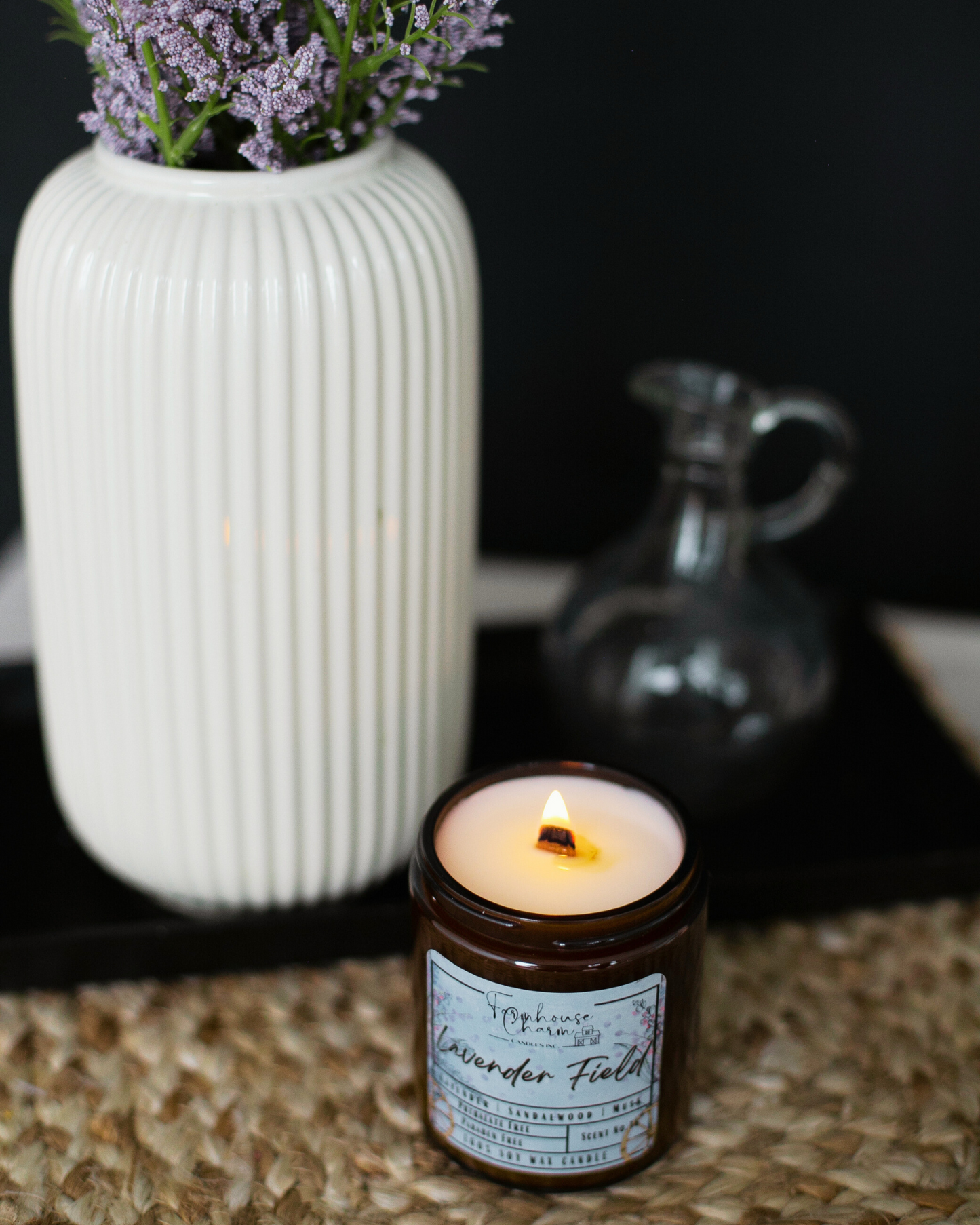 Aroma Scent No. 16 Lavender Field Soy Candle. Infused with the delightful essence of lavender, enhanced by the earthy tones of sandalwood and the subtle allure of musk, this candle is a genuine treat for the soul. Crafted from 100% natural soy wax, this candle is additive-free, biodegradable, and sustainably sourced, offering an eco-conscious option for your home. Infused with phthalate-free and paraben-free fragrances. www.farmhousecharmcandles.com