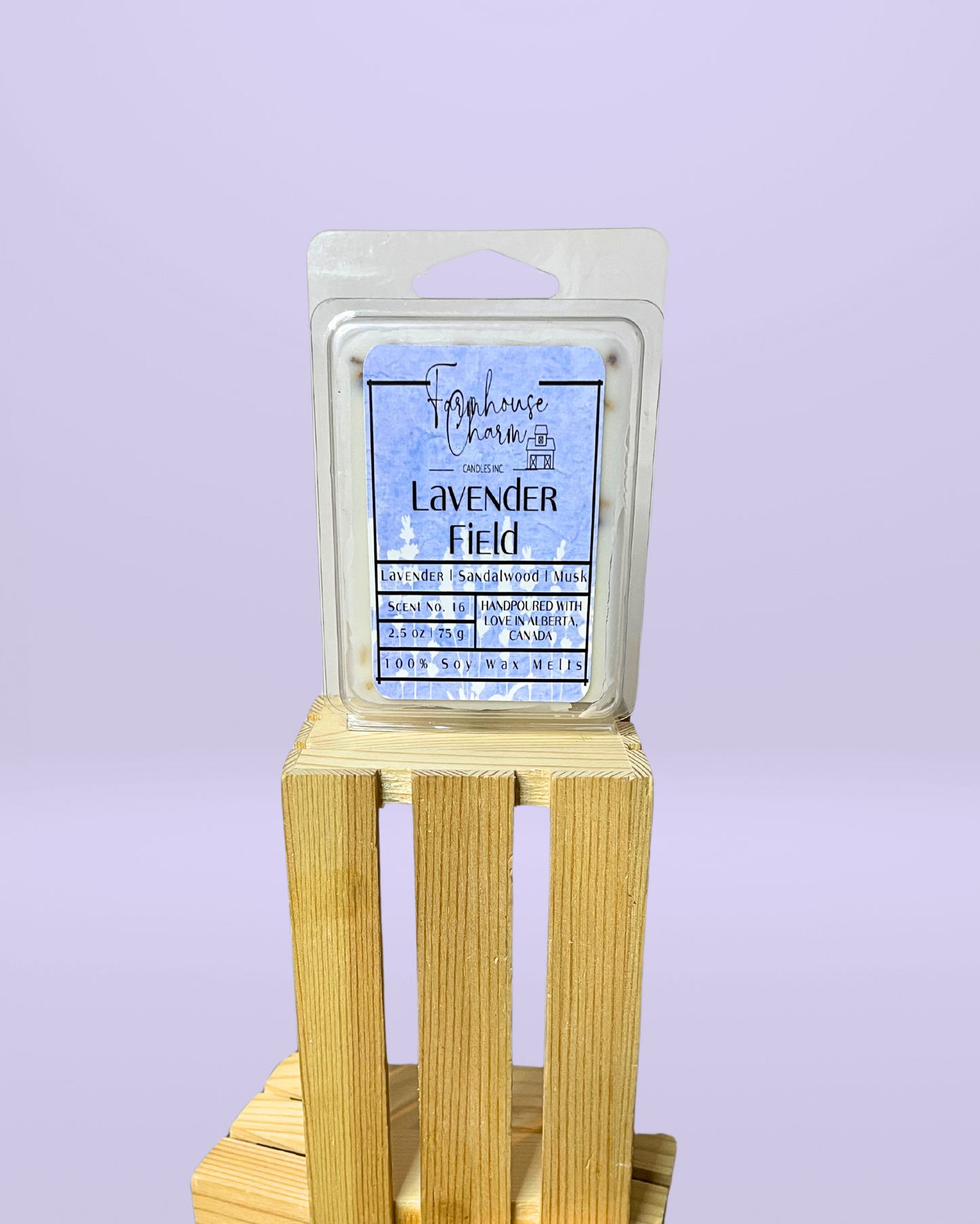 Lavender Field Soy Wax Melts- Farmhouse Charm is our latest blend of lavender. It has a deep and sophisticated blend of French Lavender and exotic amber with tones of tonka beans and musk.  This rich and warm bouquet will fill your home with coziness and delight you after a long day. This wax melts is infused with natural lavender buds to enhance the aroma. www.farmhousecharmcandles.com