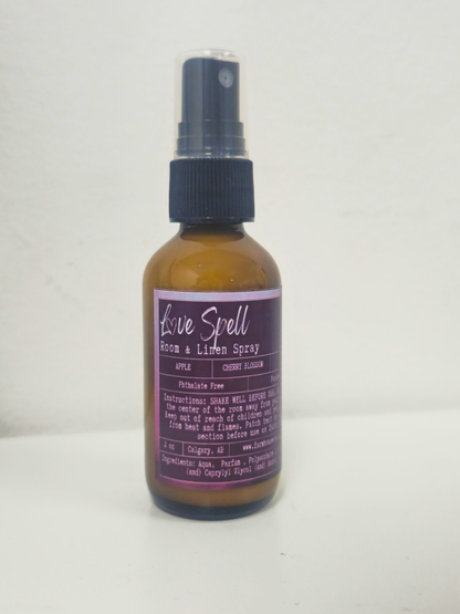 Brown room & Linen spray bottle with  label Love Spell by Farmhouse Charm Candles