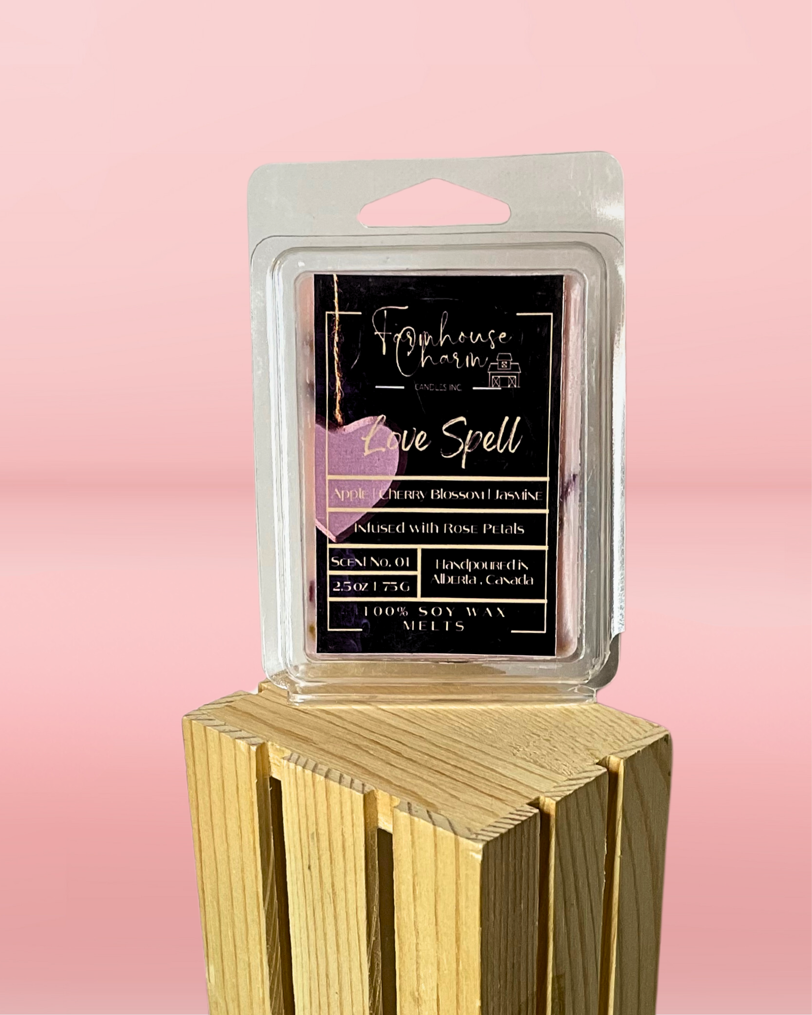 Let's reignite your passion for this classic aroma! Our Love Spell Soy Wax Melts boast an enchanting mix of zesty oranges, fragrant bergamot, sweet cherry blossom, and fresh white jasmine. Plus a hint of peach and berries on a musky base will sweep you off your feet. Our Love Spell Soy Wax Melts are not only captivating but also infused with rose petals to make it extra special. Get ready to be spellbound! www.farmhousecharmcandles.com