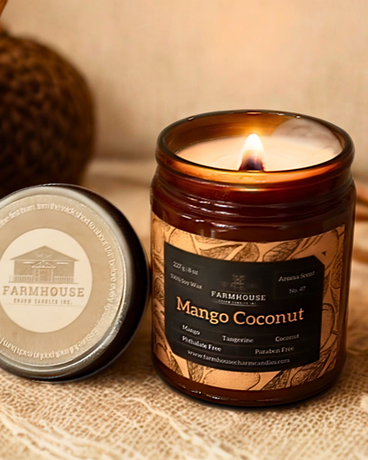 Mango, tangerine, and coconut collide in a sun-soaked, fruity getaway. It's the ultimate summer escape! Mango Coconut Soy Candle Farmhouse Charm Candles