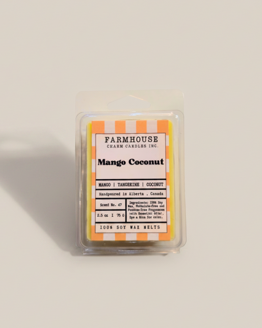 Farmhouse Charm Candles Mango Coconut wax melt package on a white background