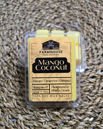 Step into a world of tropical bliss with our Mango Coconut Soy Wax Melts. Crafted to whisk you away to warm summer days, this candle infuses your space with the luscious aroma of ripe mangoes and creamy coconut milk, accented by hints of bright citrus and musky undertones. This wax melts will transport you to sun-drenched shores and lazy summer afternoons