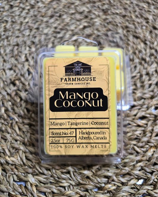 Step into a world of tropical bliss with our Mango Coconut Soy Wax Melts. Crafted to whisk you away to warm summer days, this candle infuses your space with the luscious aroma of ripe mangoes and creamy coconut milk, accented by hints of bright citrus and musky undertones. This wax melts will transport you to sun-drenched shores and lazy summer afternoons