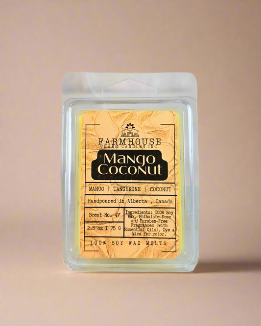 Mango, tangerine, and coconut collide in a sun-soaked, fruity getaway. It's the ultimate summer escape! Mango Coconut Soy Wax melts Farmhouse Charm Candles