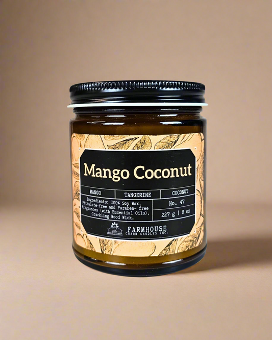 Mango, tangerine, and coconut collide in a sun-soaked, fruity getaway. It's the ultimate summer escape! Mango Coconut Soy Candle Farmhouse Charm Candles