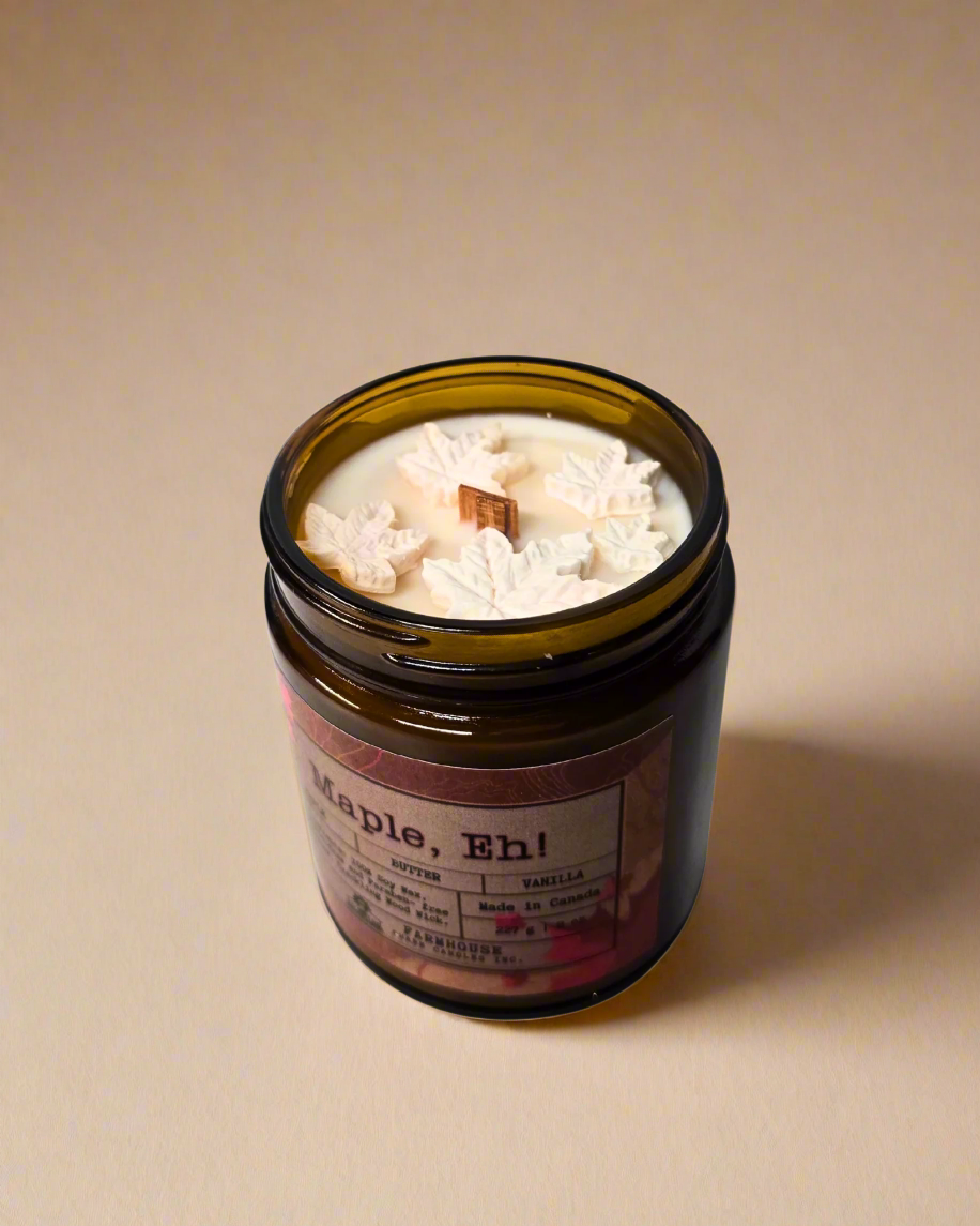 Maple, Eh! Soy Candle | Maple + Butter + Vanilla. Sweet, buttery, and oh-so-Canadian! Maple, EH! soy candle fills your space with the cozy aroma of rich maple syrup, creamy butter, and warm vanilla.

Unique Top Decor: This candle showcases a maple leaves soy wax embeds. Each piece is handmade with love, making every candle unique!