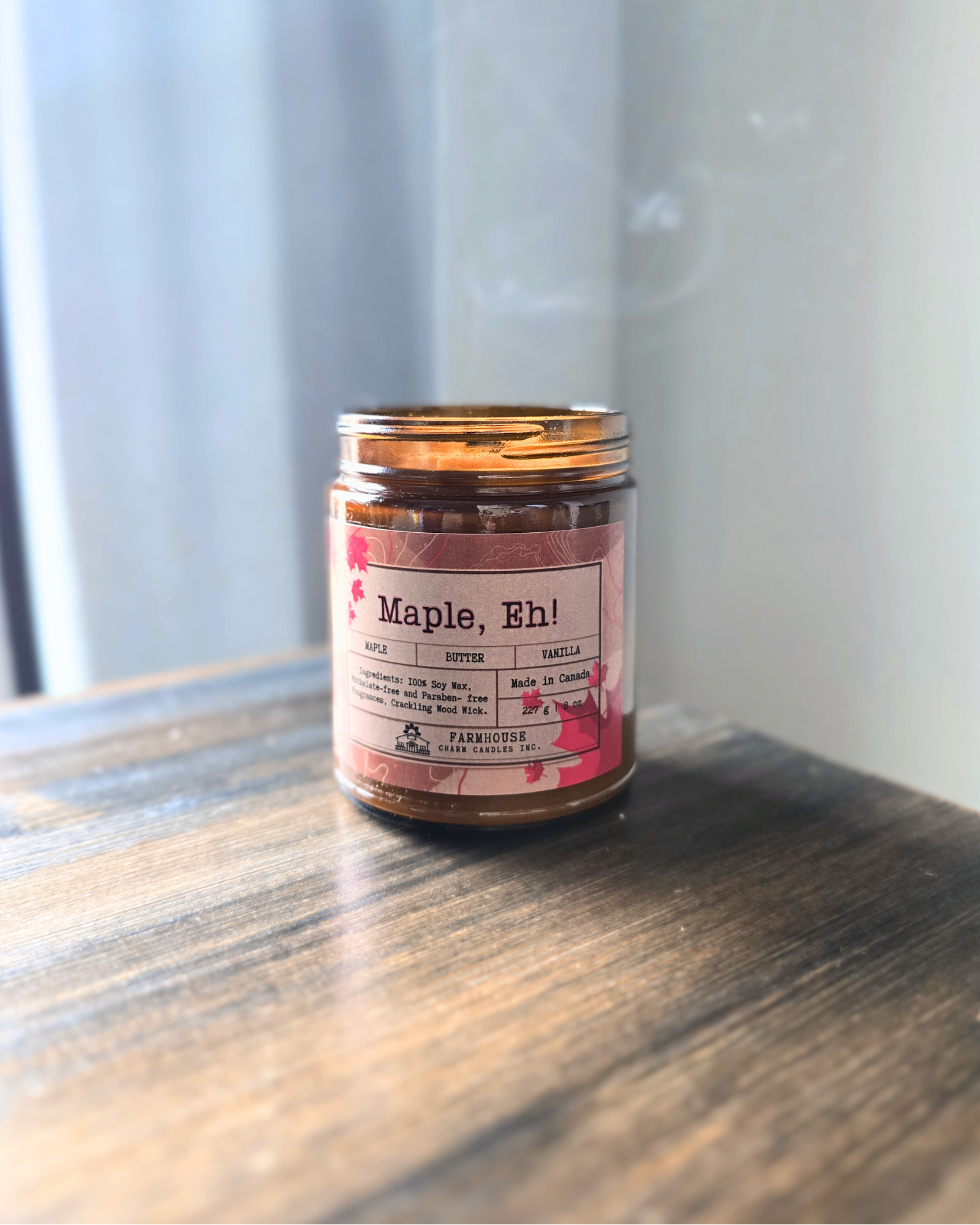 Maple, Eh! Soy Candle | Maple + Butter + Vanilla. Sweet, buttery, and oh-so-Canadian! Maple, EH! soy candle fills your space with the cozy aroma of rich maple syrup, creamy butter, and warm vanilla.

Unique Top Decor: This candle showcases a maple leaves soy wax embeds. Each piece is handmade with love, making every candle unique!